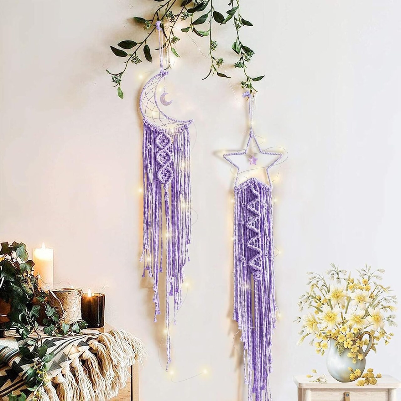 2-Pack Moon & Star Dream Catchers – Boho Macrame Wall Hanging Decor for Kids’ Bedrooms, Baby Rooms, or Women’s Spaces, Purple, Perfect Holiday or Craft Gift
